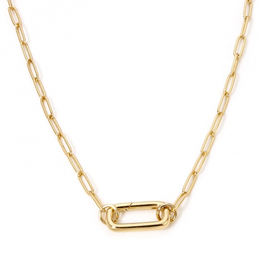 Picture of 1 Piece Brass Paperclip Chain Necklace Gold Plated Rectangle With Spring Ring Clasp 46cm(18.1") long, Chain Size: 3mm