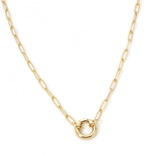 Picture of 1 Piece Brass Paperclip Chain Necklace Gold Plated Circle Ring With Spring Ring Clasp 45.5cm(17 7/8") long, Chain Size: 3mm