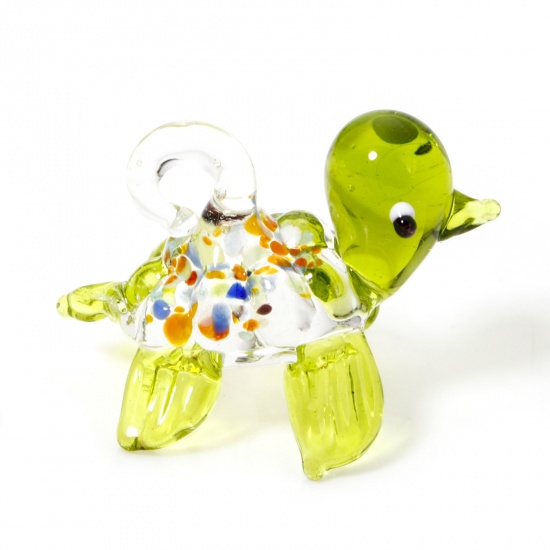 Picture of 1 Piece Lampwork Glass Ocean Jewelry Pendants Olive Green Tortoise Animal 3D 3.8cm x 2.6cm