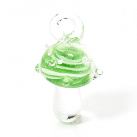 Picture of 2 PCs Lampwork Glass Flora Collection Charms Green Mushroom Dot 3D 28mm x 14mm