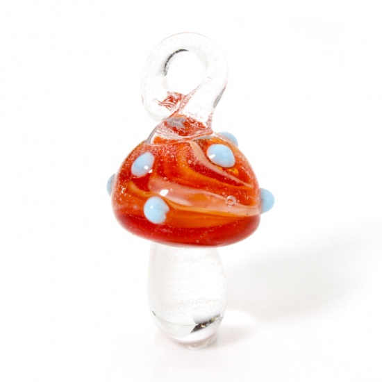 Picture of 2 PCs Lampwork Glass Flora Collection Charms Orange-red Mushroom Dot 3D 28mm x 14mm