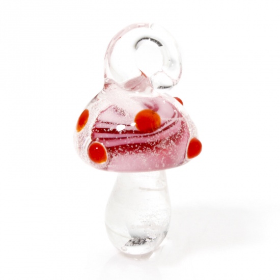 Picture of 2 PCs Lampwork Glass Flora Collection Charms Fuchsia Mushroom Dot 3D 28mm x 14mm