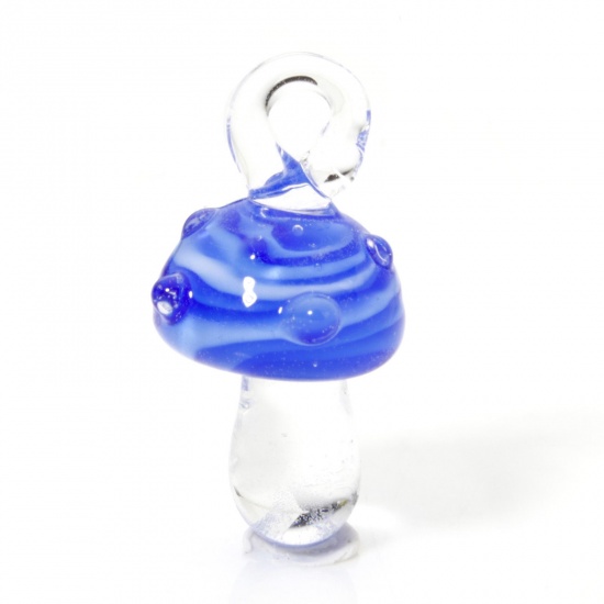 Picture of 2 PCs Lampwork Glass Flora Collection Charms Blue Mushroom Dot 3D 28mm x 14mm