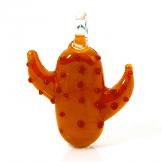 Immagine di 1 Pz Lampwork Vetro Lampwork Charm Collezione Flora Ciondoli Pendenti Cactus Arancione 3D 3.8cm x 3cm