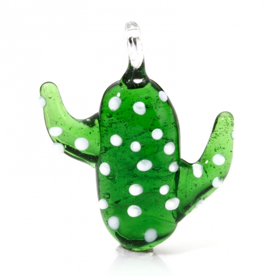 Immagine di 1 Pz Lampwork Vetro Lampwork Charm Collezione Flora Ciondoli Pendenti Cactus Verde 3D 3.8cm x 3cm