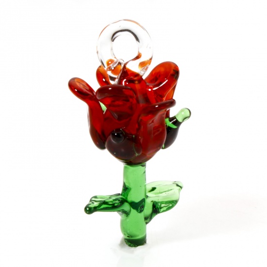 Picture of 2 PCs Lampwork Glass Flora Collection Pendants Red Rose Flower 3D 3.5cm x 1.6cm