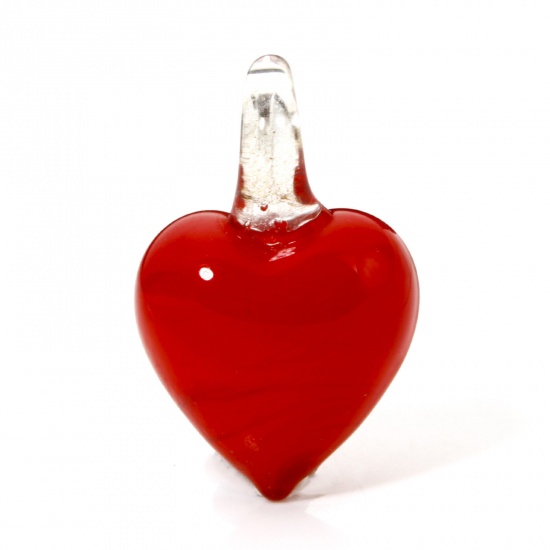 Picture of 2 PCs Lampwork Glass Flora Collection Pendants Red Heart 3D 3.2cm x 2cm