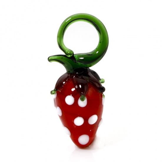 Picture of 2 PCs Lampwork Glass Flora Collection Pendants Red Strawberry Fruit 3D 3.6cm x 1.6cm