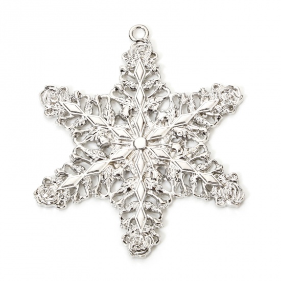 Immagine di 1 Piece Zinc Based Alloy Christmas Pendants Silver Tone Christmas Snowflake Hollow 8.8cm x 7.2cm