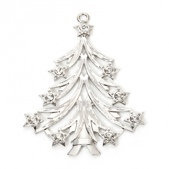 Immagine di 1 Piece Zinc Based Alloy Christmas Pendants Silver Tone Christmas Tree Clear Rhinestone 9.2cm x 7.2cm