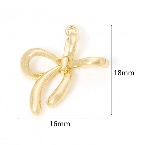 Picture of 2 PCs Eco-friendly Brass Clothes Charmes 18K Real Gold Plated Bowknot 18mm x 16mm