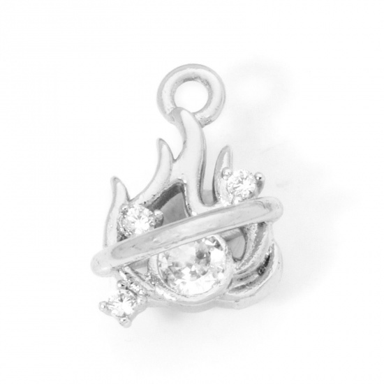 Image de 2 Pcs Breloques en Laiton Respectueux de la Nature Plaqué Platine Véritable Feu Flamme à Zircone Cubique Clair 14mm x 10mm