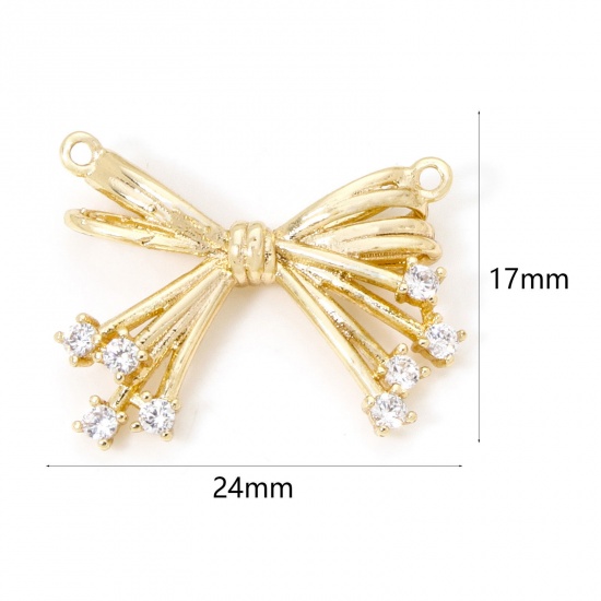 Picture of 1 Piece Eco-friendly Brass Clothes Connectors Charmes Pendants Bowknot 18K Real Gold Plated Clear Cubic Zirconia 24mm x 17mm