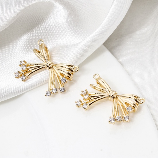 Picture of 1 Piece Eco-friendly Brass Clothes Connectors Charmes Pendants Bowknot 18K Real Gold Plated Clear Cubic Zirconia 24mm x 17mm