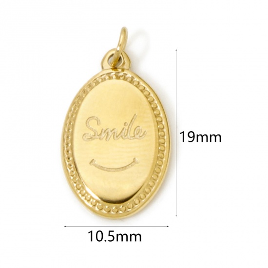 1 個 エコフレンドリー PVD真空メッキ 304ステンレス鋼 チャーム 楕円形 18Kリアルゴールドメッキ 文字「 SMILE」 19mm x 10.5mm、 の画像