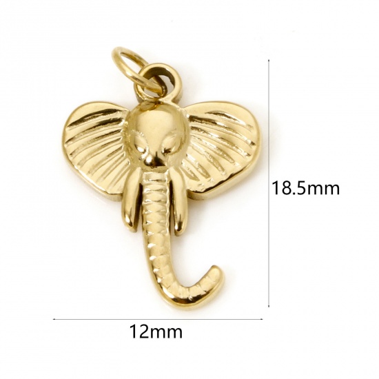 1 個 エコフレンドリー PVD真空メッキ 304ステンレス鋼 チャーム 象頭 18Kリアルゴールドメッキ 18.5mm x 12mm、 の画像