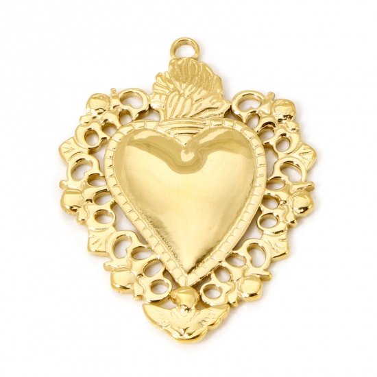 Imagen de 1 Unidad Recubrimiento al Vacío PVD Ecológico 304 Acero Inoxidable día de San Valentín Colgantes Corazón Exvoto 18K Oro Real Chapado Flor de vid 4cm x 3.1cm