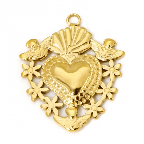 Imagen de 1 Unidad Recubrimiento al Vacío PVD Ecológico 304 Acero Inoxidable día de San Valentín Colgantes Corazón 18K Oro Real Chapado Flor 3cm x 2.5cm