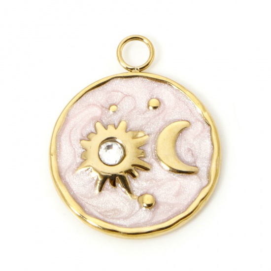 Imagen de 1 Unidad Recubrimiento al Vacío PVD Ecológico 304 Acero Inoxidable Galaxia Colgantes Ronda 18K Oro Real Chapado Luna Esmalte 24mm x 20mm