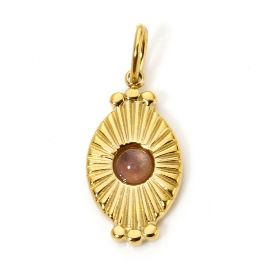 Image de 1 Pièce Breloques en 304 Acier Inoxydable Placage sous Vide PVD Respectueux de l'Environnement Ovale Plaqué Or Véritable 18K Brun Rayons de Soleil Avec Cabochons en Résine 26mm x 11mm
