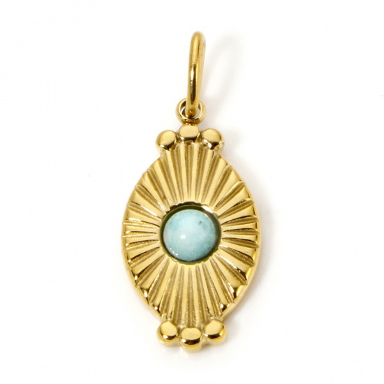 Image de 1 Pièce Breloques en 304 Acier Inoxydable Placage sous Vide PVD Respectueux de l'Environnement Ovale Plaqué Or Véritable 18K Vert Clair Rayons de Soleil Avec Cabochons en Résine 26mm x 11mm