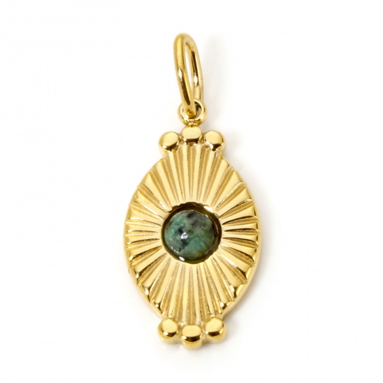 Image de 1 Pièce Breloques en 304 Acier Inoxydable Placage sous Vide PVD Respectueux de l'Environnement Ovale Plaqué Or Véritable 18K Vert Rayons de Soleil Avec Cabochons en Résine 26mm x 11mm
