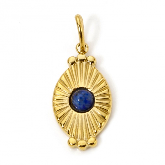 Image de 1 Pièce Breloques en 304 Acier Inoxydable Placage sous Vide PVD Respectueux de l'Environnement Ovale Plaqué Or Véritable 18K Bleu Foncé Rayons de Soleil Avec Cabochons en Résine 26mm x 11mm