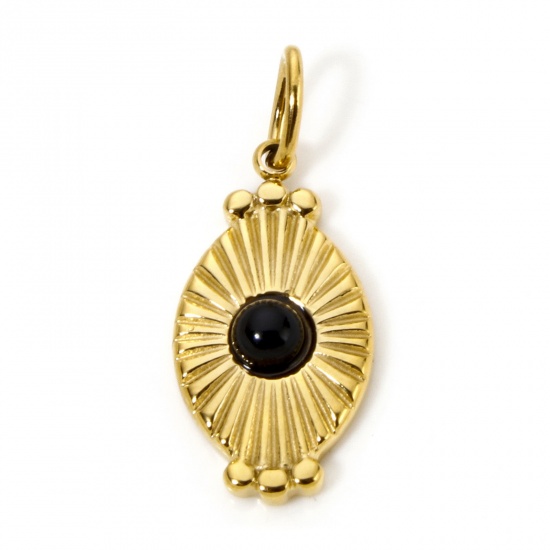 Image de 1 Pièce Breloques en 304 Acier Inoxydable Placage sous Vide PVD Respectueux de l'Environnement Ovale Plaqué Or Véritable 18K Noir Rayons de Soleil Avec Cabochons en Résine 26mm x 11mm