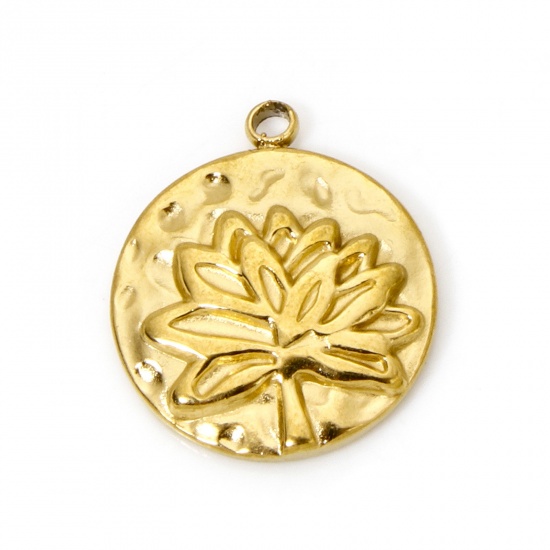 Picture of 2 PCs Eco-friendly PVD Vacuum Plating 304 Stainless Steel Flora Collection Disc Charms 18K Real Gold Plated Round Flower 17mm x 14mm