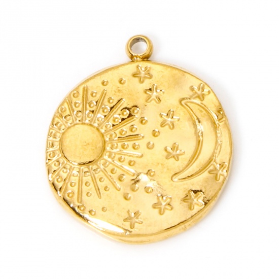 Picture of 2 PCs Eco-friendly PVD Vacuum Plating 304 Stainless Steel Galaxy Charms 18K Real Gold Plated Round Disc Sun & Moon 23mm x 21mm