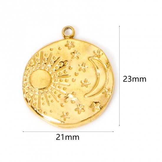 Picture of 2 PCs Eco-friendly PVD Vacuum Plating 304 Stainless Steel Galaxy Charms 18K Real Gold Plated Round Disc Sun & Moon 23mm x 21mm