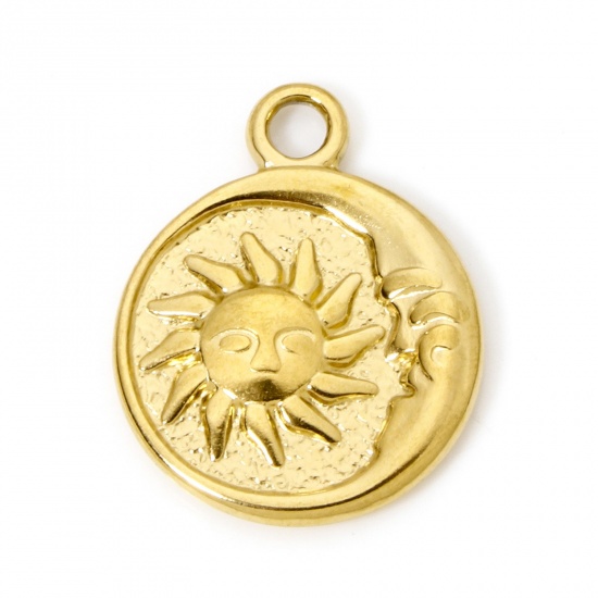 Picture of 2 PCs Eco-friendly PVD Vacuum Plating 304 Stainless Steel Galaxy Disc Charms 18K Real Gold Plated Round Sun 23mm x 18mm