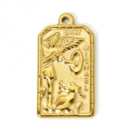Picture of 2 PCs Eco-friendly PVD Vacuum Plating 304 Stainless Steel Religious Charms 18K Real Gold Plated Rectangle Angel 29mm x 15mm