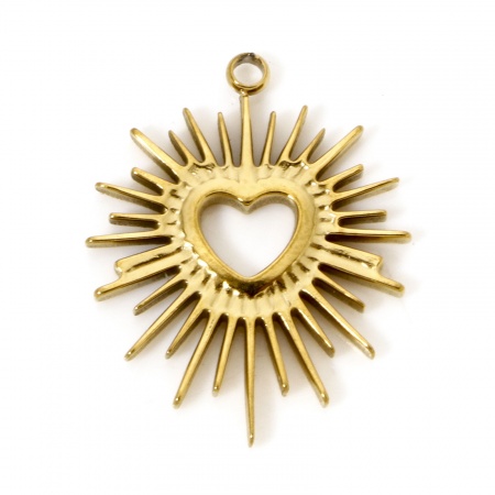 Picture of 2 PCs Eco-friendly PVD Vacuum Plating Waterproof Anti-Tarnish Hypoallergenic 304 Stainless Steel Valentine's Day Charms 18K Real Gold Plated Heart Sun Rays 22mm x 18mm