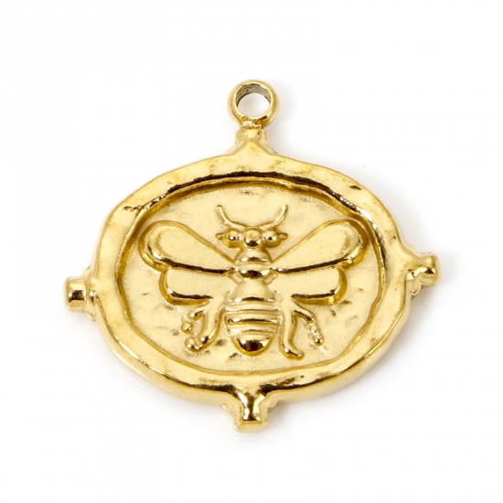 Picture of 2 PCs Eco-friendly PVD Vacuum Plating 304 Stainless Steel Insect Charms 18K Real Gold Plated Oval Bee 17mm x 17mm