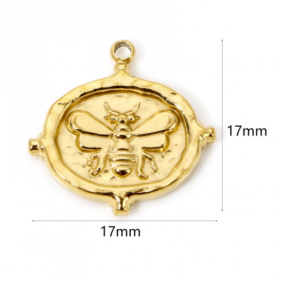 Picture of 2 PCs Eco-friendly PVD Vacuum Plating 304 Stainless Steel Insect Charms 18K Real Gold Plated Oval Bee 17mm x 17mm