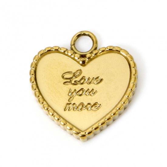 Picture of 2 PCs Eco-friendly PVD Vacuum Plating 304 Stainless Steel Valentine's Day Charms 18K Real Gold Plated Heart Message " Love You " 16mm x 15mm