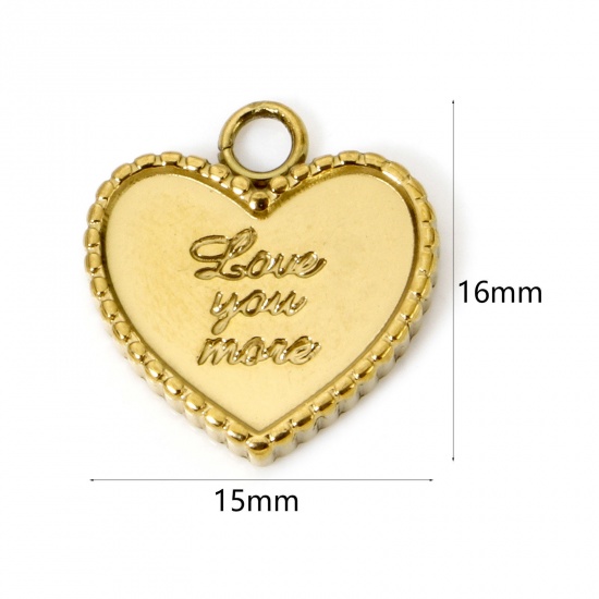 Picture of 2 PCs Eco-friendly PVD Vacuum Plating 304 Stainless Steel Valentine's Day Charms 18K Real Gold Plated Heart Message " Love You " 16mm x 15mm