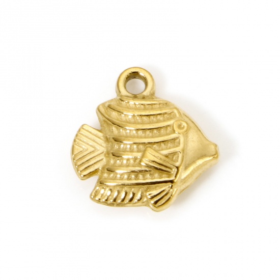 Picture of 2 PCs Eco-friendly PVD Vacuum Plating 304 Stainless Steel Ocean Jewelry Charms 18K Real Gold Plated Fish Animal 13mm x 13mm