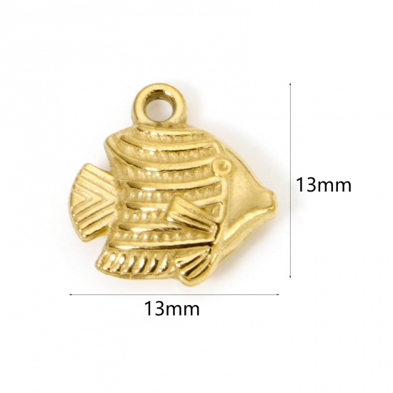 Picture of 2 PCs Eco-friendly PVD Vacuum Plating 304 Stainless Steel Ocean Jewelry Charms 18K Real Gold Plated Fish Animal 13mm x 13mm