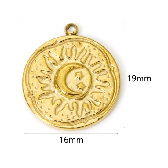 Picture of 2 PCs Eco-friendly PVD Vacuum Plating 304 Stainless Steel Galaxy Disc Charms 18K Real Gold Plated Round Moon 19mm x 16mm