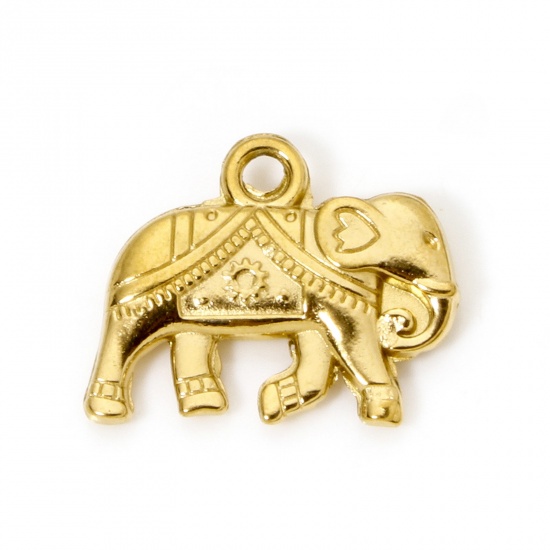 Picture of 2 PCs Eco-friendly PVD Vacuum Plating 304 Stainless Steel Charms 18K Real Gold Plated Elephant Animal 18mm x 15mm