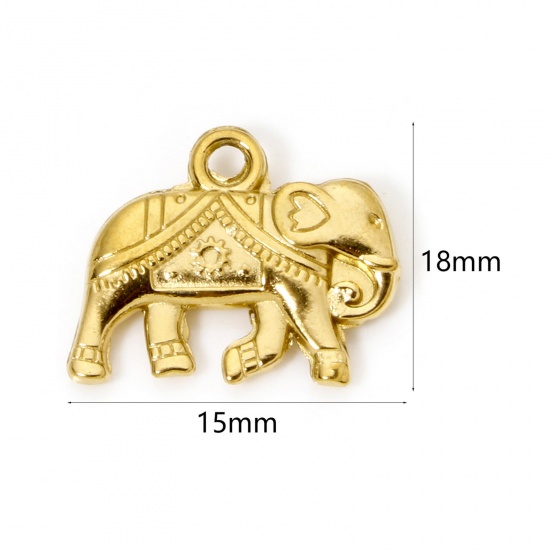 Picture of 2 PCs Eco-friendly PVD Vacuum Plating 304 Stainless Steel Charms 18K Real Gold Plated Elephant Animal 18mm x 15mm