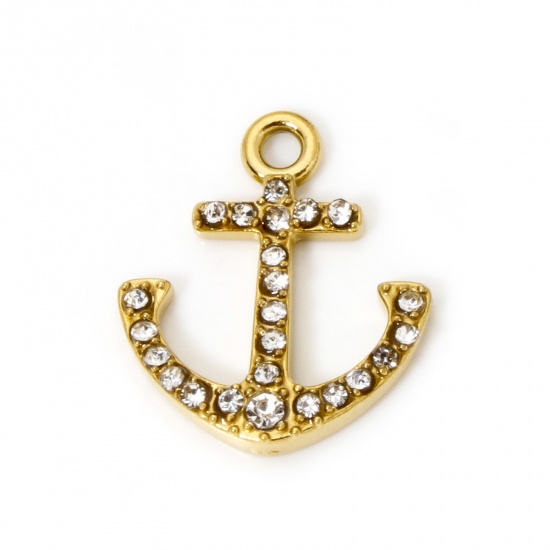 Picture of 2 PCs Eco-friendly PVD Vacuum Plating 304 Stainless Steel Charms 18K Real Gold Plated Anchor Clear Rhinestone 17mm x 15mm