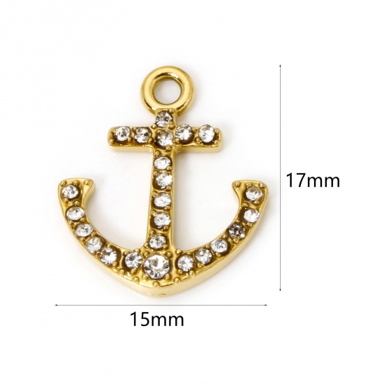 Picture of 2 PCs Eco-friendly PVD Vacuum Plating 304 Stainless Steel Charms 18K Real Gold Plated Anchor Clear Rhinestone 17mm x 15mm