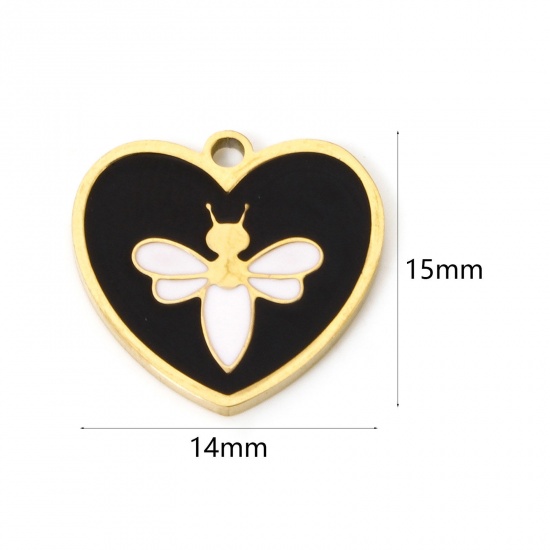 Image de 1 Pièce Breloques en 304 Acier Inoxydable Placage Sous Vide Écologique Insecte Doré Noir Émail 15mm x 14mm