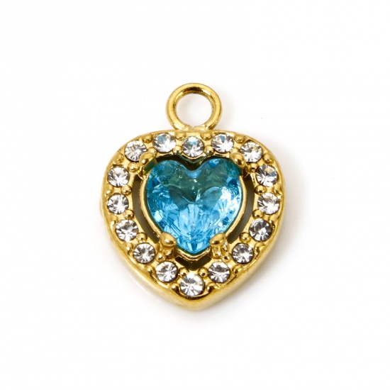 Immagine di 1 Pz Placcatura Sottovuoto Ecologica 304 Acciaio Inossidabile San Valentino Ciondoli Cuore Oro Placcato Blu Cubic Zirconiae 13mm x 10mm