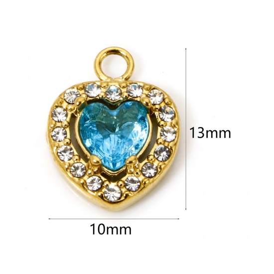 Immagine di 1 Pz Placcatura Sottovuoto Ecologica 304 Acciaio Inossidabile San Valentino Ciondoli Cuore Oro Placcato Blu Cubic Zirconiae 13mm x 10mm