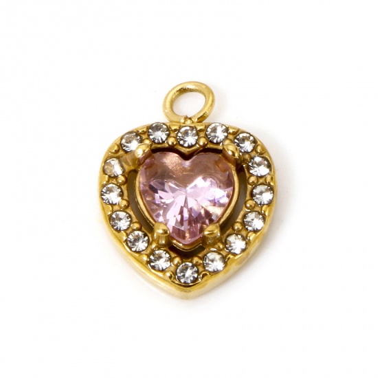 Immagine di 1 Pz Placcatura Sottovuoto Ecologica 304 Acciaio Inossidabile San Valentino Ciondoli Cuore Oro Placcato Rosa Cubic Zirconiae 13mm x 10mm