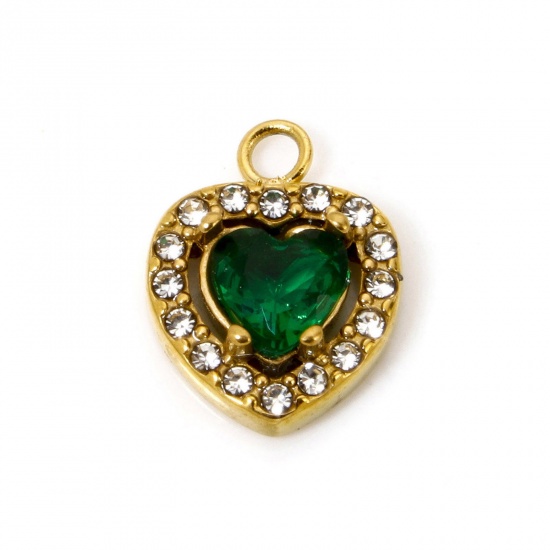 Immagine di 1 Pz Placcatura Sottovuoto Ecologica 304 Acciaio Inossidabile San Valentino Ciondoli Cuore Oro Placcato Verde Cubic Zirconiae 13mm x 10mm